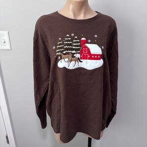 Pleasant Shade Winter Christmas Shirt Horse Barn Snow XL Brown